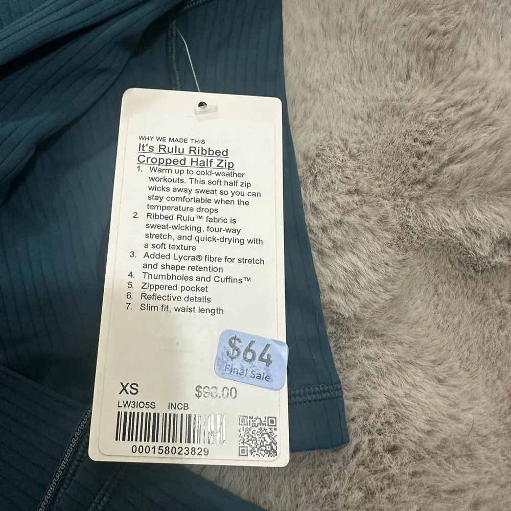 NWT Lululemon It's Rulu Ribbed Cropped Half Zip Updated Indochine Blue Size XS - Picture 5 of 6